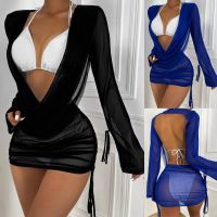 Women Summer Bikini Cover Up Sexy Draped Front Drawstring Knot Backless Mesh Swimwear Mini Dress Ladies Wraps Beach Bathing Suit