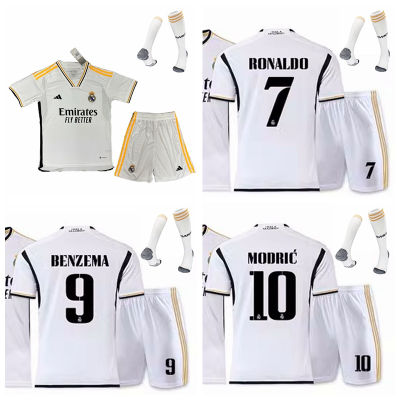 เสื้อกีฬาแขนสั้น ลายทีมฟุตบอล Real Madrid CF Cristiano Ronaldo Benzema Modric 2023-24 ชุดเหย้า สําหรับเด็ก