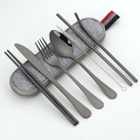 7Pcs/set Tableware Reusable Travel Cutlery Set Camp Utensils Set with stainless steel Spoon Fork Chopsticks Straw Portable case Flatware Sets