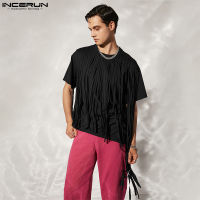 [Perfectly] INCERUN Mens Short Sleeve Hippie Punk Asymmetric Hem T Shirts Tassels Blouse Tunic Tops (สไตล์ตะวันตก)