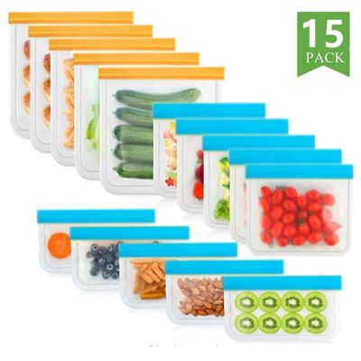15Pcs Reusable Silicone Food Storage Fruit Vegetable Fresh-keeping Sealed Freezer Leakproof Ziplock