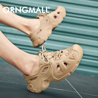ORNGMALL รองเท้ารองเท้าชายหาดส้นแบนกันน้ำ EVA ของผู้ชาย,ใหม่ฤดูร้อนรองเท้าแตะกลวงมีเชือกผูกรองเท้าชุดสายเดี่ยวระบายอากาศได้สำหรับกลางแจ้ง