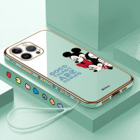 เคสสำหรับ Apple โทรศัพท์ iPhone 15 Plus 15 Pro Max ฟรีสายคล้องน่ารักการ์ตูนมิกกี้ Minie Mouse เคสขอบสี่เหลี่ยมลายชุบเคสโทรศัพท์หรูหราชุบนุ่มเคสโทรศัพท์