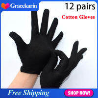 Gracekarin 12 Pairs Thin Black Cotton Gloves Soft Large Sensitive Cleaning Dry Moisturizing