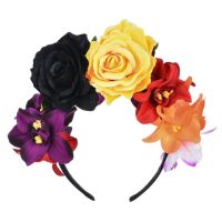 Womens Mexican Simulated Rose Flower Crown Headband Day of The Dead Halloween Headpiece Colorful Fake Stamen Party Hair Hoop