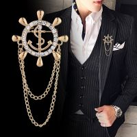 Retro Crystal Rudder Anchor Brooch Rhinestone Tassel Chain Lapel Pins Men 39;s Suit Shirt Collar Fashion Brooches for Women Jewelry