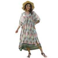 ผู้หญิง3/4แขนคอวี Kaftan Boho สีสันใบพิมพ์บิกินี่ชุดว่ายน้ำ Cover Up Drawstring เอว Beach Long Dress