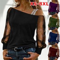 เสื้อยืดแขนยาวสำหรับผู้หญิงแฟชั่น XS-8XL เสื้อโชว์ไหล่สีพื้นเสื้อยืดแนวสตรีทแวร์ลำลองฤดูใบไม้ร่วงเสื้อผ้าวินเทจ