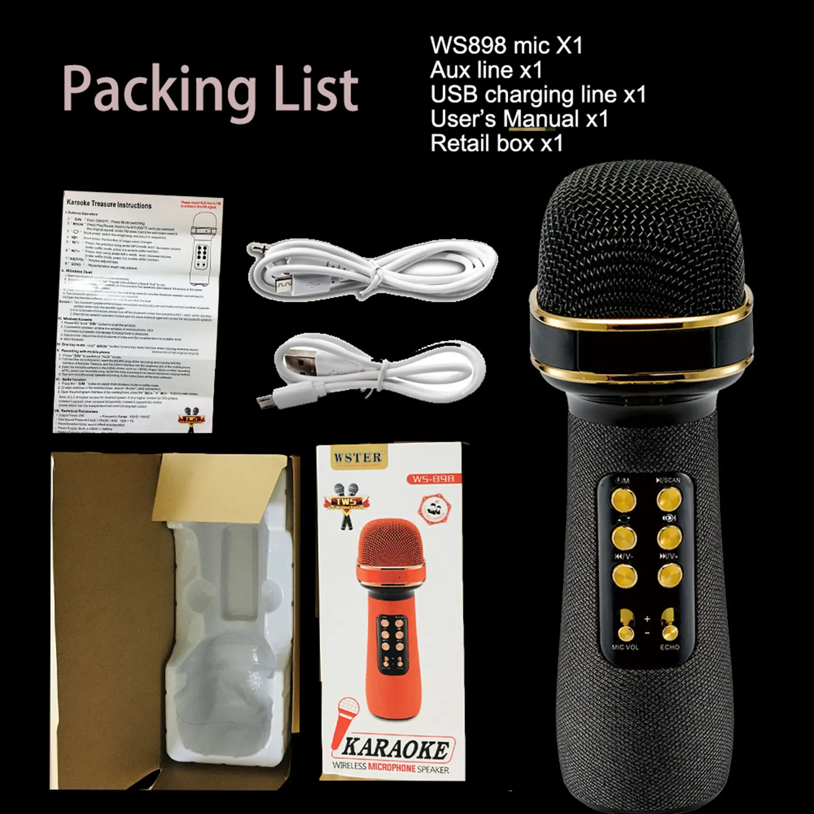 WSTER Bluetooth Microphone avec Haut-parleur HiFi WS-898-17