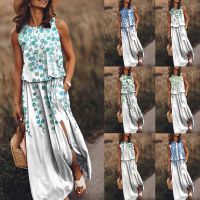 สตรีฤดูร้อนชุดยาวคอลูกเรือแขนกุดด้าน Slit Flowy Maxi ถังชุดหลวมสบายๆ S Undress หรูหรา Boho กระเป๋าเสื้อคลุม