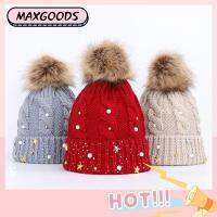 MAXG สุภาพสตรี ขนหนา โครเชต์ หมวกถักนิตติ้ง หมวกฤดูหนาว หมวกปอมปอม หมวกBeanies