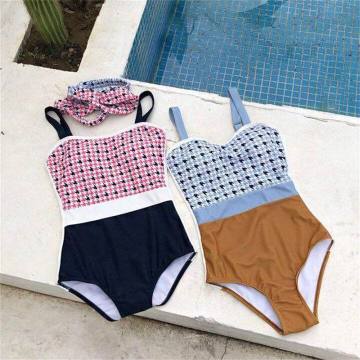 Mohan 2023 Korea Swimwear Color Matching Onepiece Bikini Small Plaid Retro Net Red Wind Color