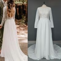 9648#Bohemian Chiffon Wedding Dresses Open Neck Long Sleeve Bridal Gowns Plus Size Lace Wedding Dress Bride Dress Elegant Dress