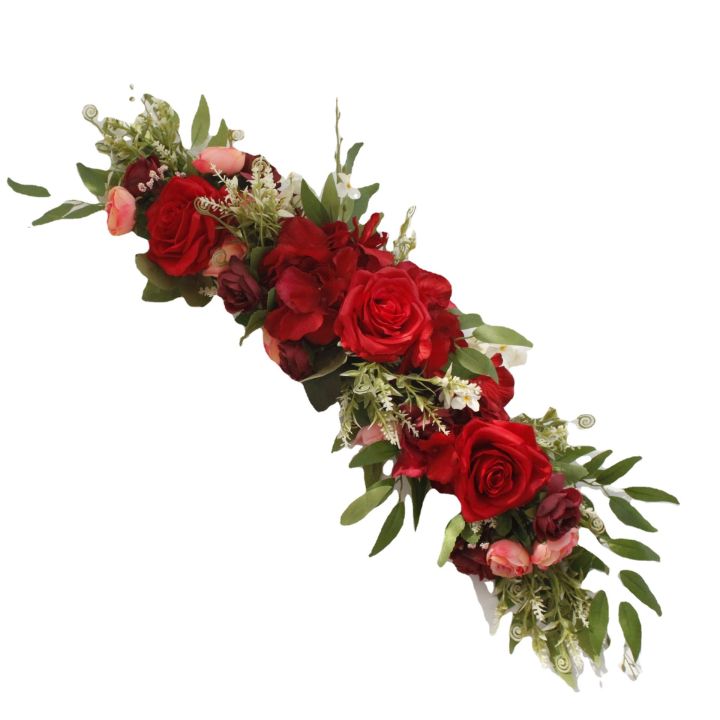 กระจกโต๊ะดอกไม้ลายดอกไม้เก้าอี้งานแต่งงานแถวดอกกุหลาบจำลองสำหรับตกแต่งประตูดอกไม้พืชเทียม