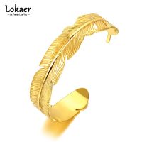 Lokaer Titanium Stainless Steel Leaves Open Cuff Bracelets Bangles 18K Gold Plated Bohemia Party Bangle Jewelry For Women B22030