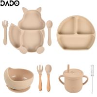 Baby Feeding Set Silicone Suction Bowls Divided Plates Straw Sippy Cup Toddler Self Eating Utensils Dishes Kit Bibs Spoons Fork Bowl Fork Spoon Sets