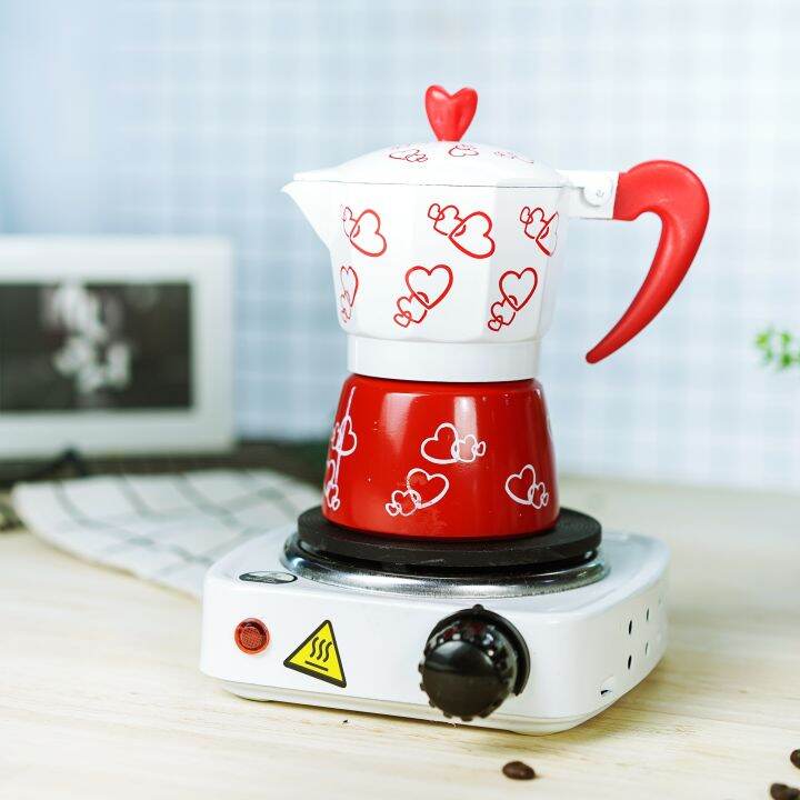 ลายหัวใจ-กาต้มมอคค่าพอท-moka-pot-ลายไม้-เตามินิไฟฟ้าสีขาว-500w