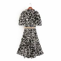 ZZOOI 2020 Women Vintage Animal Pattern Printing Sashes Dress lady Lantern Sleeve Hem Ruffles vestidos chic Casual Slim Dresses DS3543