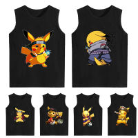 Pikachu เสื้อผ้าเด็กคลาสสิกการ์ตูนญี่ปุ่นการ์ตูนพิมพ์เสื้อยืดแขนกุดผ้าฝ้ายเสื้อกั๊กสีดำรูปแบบต่างๆ