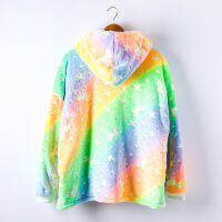 （HOT) Rainbow เสื้อสเวตเตอร์มีฮู้ดแบบลำลองเพิ่มความหนากำมะหยี่เรืองแสงชุดอยู่บ้านที่อบอุ่นและสะดวกสบาย ชุดนอนผู้หญิง