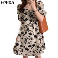 Vonda Women Korean V Neck Puff Short Sleeve Floral Pleated Mini Dress