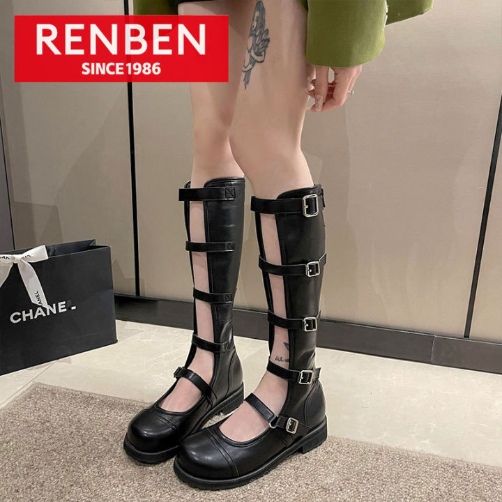 renben-รองเท้าบูทอัศวินรองเท้าบูทหนังสีดำโลโมทีฟกลวงมีคำหล่อกับบู้ทกลางย้อนยุค