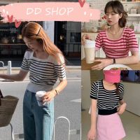 DD SHOPพร้อมส่ง M2006 เสื้อไหมพรมแขนสั้น ดีเทลลายทางแขนจั๊มใส่สบาย  -C