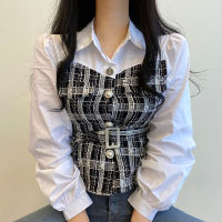 Gagarich Shirt 2022 Spring Korean Retro Temperament Lapel Stitching Contrast Color Tie Waist Design Puff Sleeve Tweed Blouses