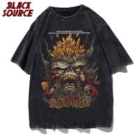 Hip Hop Streetwear Vintage T Shirt Cartoon Monster Graphic Oversized T-Shirt Men Fashion Cotton Tops Tees Washed Black Tshirt