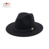 QBHAT  Men Women Wool Panama Felt Hat Wide Brim Jazz Fedora Hats Black M Letter Leather Band Decorated Green Hat Trilby Cap