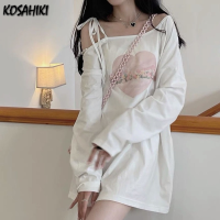 KOSAHIKI Off Shoulder T Shirts Women Bandage Letter Heart Printed Autumn  New Loose Long Sleeve Sexy Korean Chic T-skirt