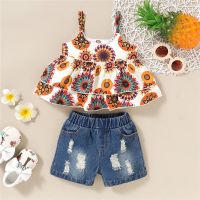 Kids Children Baby Girl Clothes Set Floral Print Strap Top Denim Shorts Summer 2PCS Outfit