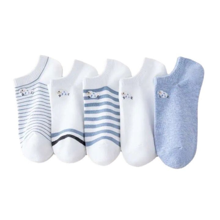 women-socks-summer-fashion-comfortable-cotton-stripe-blue-white-embroidery-exquisite-girl-ankle-socks