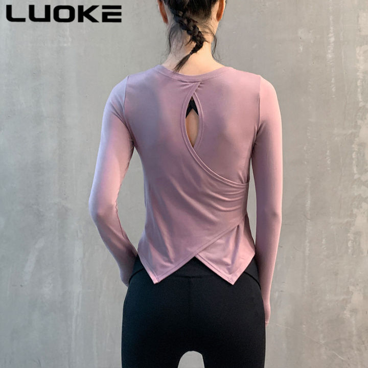 luokeแห้งเร็วเสื้อกีฬาแบบกีฬาแขนยาวผู้หญิงชุดกีฬาผู้หญิงสวมกลับออกแบบสำหรับวิ่งโยคะ