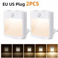 2Pcs Motion Sensor LED Night Light EU Plug 220V Dimming Sleep Lights For Home Bedroom Corridor Lighting Staircase Bedside Lamp