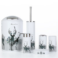 GOALONE 6Pcs Bathroom Set Grey Tree Deer Bathroom Accessories Set with Trash Can Toothbrush Holder Soap Dispenser Toilet Brush