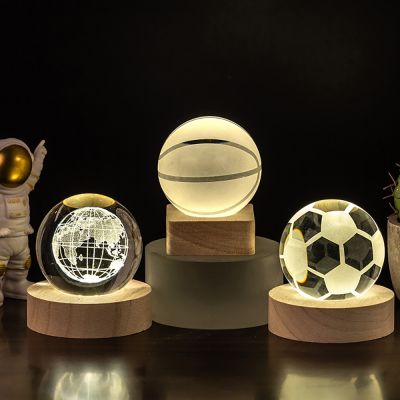 3D Soccer Basketball Earth Atmosphere Lamp Crystal Ball Table Decorative Beech Wood Base Creative Night Light Gift for Friends