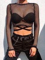 Sexy New Mesh Goth Long Sleeve T shirt Women Hollow See-through Fishnet Tops Summer Casual Shirt Streetwear Womens Clothing