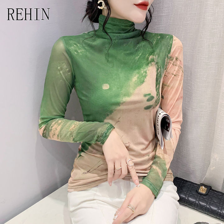 rehin-ผู้หญิง-top-halo-ตาข่ายแขนยาวเสื้อยืดฤดูใบไม้ร่วงคอสูง-slim-bottoming-เสื้อ