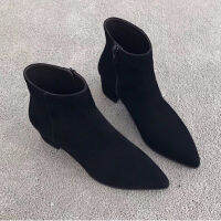 Sepatu BOOT Pendek ส้นหนาสำหรับผู้หญิง Caohuatang3Pointed รองเท้าบูทเปล่าเกาะอกสั้นหนังกลับใส่ได้หลายส้นสูงปานกลางรองเท้าบูท Martin สั้น2023caohuatang3ฤดูใบไม้ร่วง