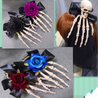 1pcs Halloween Skeleton Hand Hairpin Rose Bow Claw Gauze Gothic Net Girl Role Play Horror Party Supplies Hair Accessories