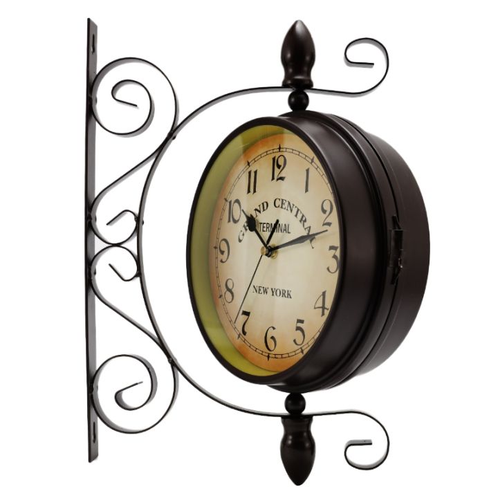 ย้อนยุคนาฬิกาแขวนสองด้านเหล็กดัดโลหะใบ้เงียบศิลปะนาฬิกาลูกตุ้มสองด้าน360องศาหมุน