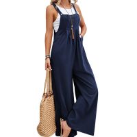 Women Summer Fashion Solid Color Loose Thin Size Sleeveless Casual Cotton Linen Style Wide Leg Women Suspender Loose Jumpsuit