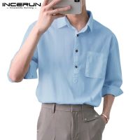 ㍿ↂ Incerun เสื้อเชิ้ตลําลอง ผ้าฝ้าย แขน 3/4 คอปก ทรงหลวม แฟชั่นฤดูร้อน สําหรับผู้ชาย