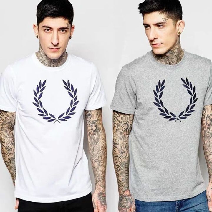 fred-perry-คอกลมผู้ชาย-t-เสื้อเชิ้ตผ้าฝ้ายแท้ลำลองเข้ารูปใส่สบายระบายอากาศได้ดี