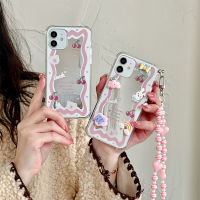 Cute Love Bead Handing Rope Makeup Mirror Bunny Rainbow Cherry Phone Case For 13 12 11 Pro XS Max X XR 7 8 Plus Cover