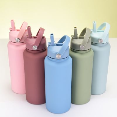 1L New Sports KETTLE Double Thickened Stainless Steel Large Capacity American Large Mouth Portable Handle Straw Thermos CUP Gift