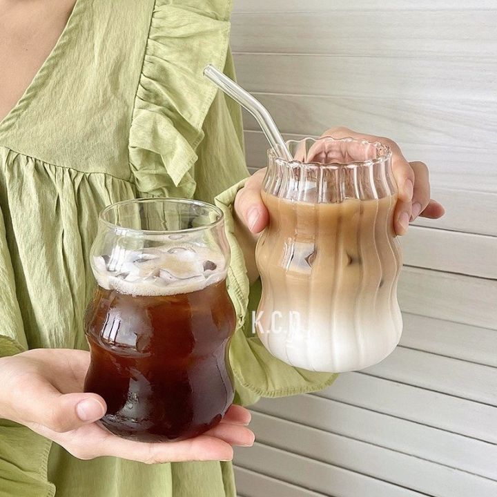 Ribbed Glass cups with Bamboo Lids and Glass Straws, Fluted Vintage Ripple  Clear Glassware, Origami Style Drinking Glasses for Juice, Beer, Iced  Coffee, Tea and Cocktail 
