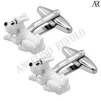 ANGELINO RUFOLO Cufflink(คัฟลิงค์) ดีไซน์ Snowy Dog กระดุมข้อมือคัฟลิ้งโรเดียมคุณภาพเยี่ยม ตัวเรือนสีเงิน/สีขาว