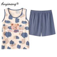 New Summer Soft Cotton Womens Pajamas Kawaii Bear Printing Sleeveless Short Pants Casual Sleepwear Fashion Homesuit for Girls